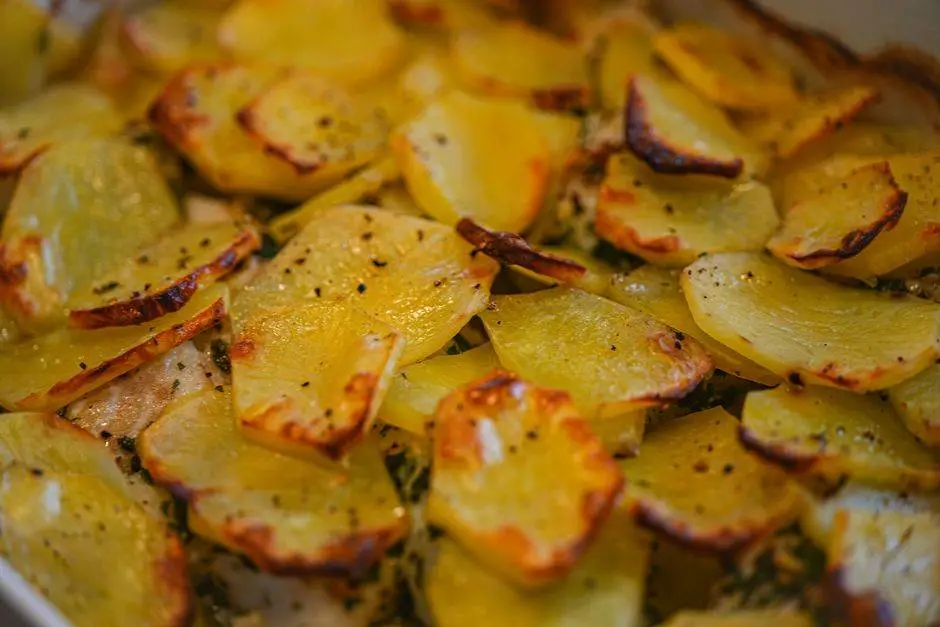 Golden roasted potato slices seasoned with herbs and pepper, cooked to crispy perfection.