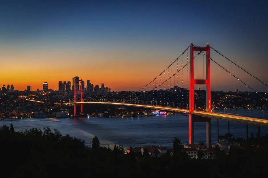 Captivating evening scene of the Bosphorus Bridge in Istanbul at sunset, showcasing vibrant city lights and a calming sea.