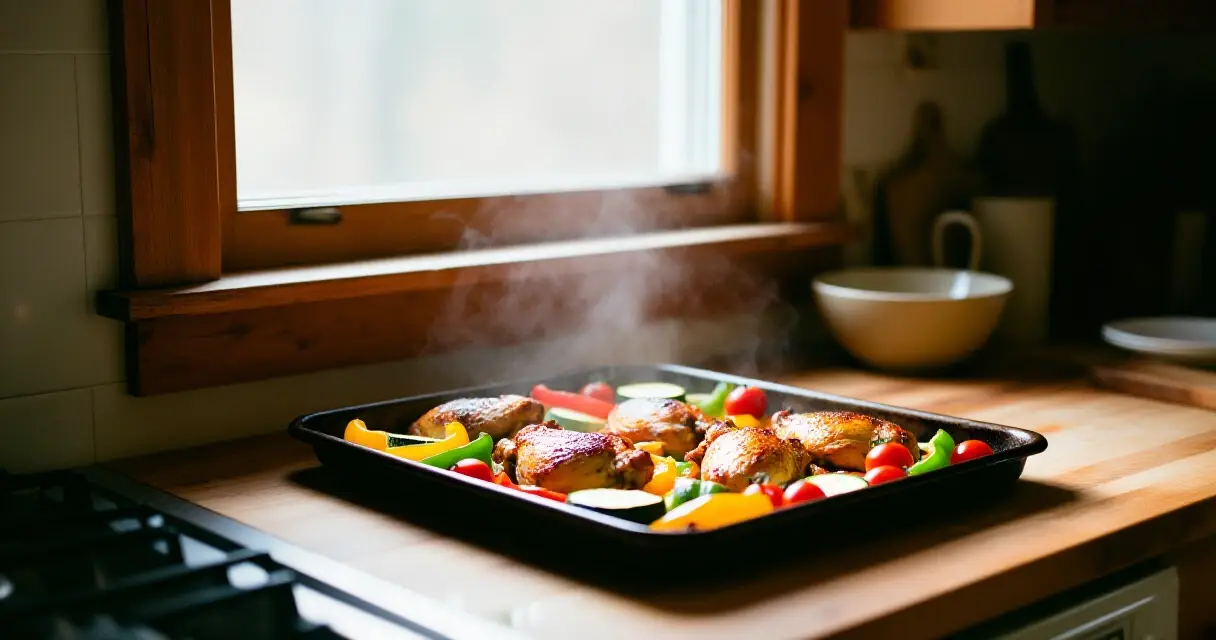 Nopea uuniruoka pellill&auml; &ndash; broileria ja kasviksia valmiina uunista