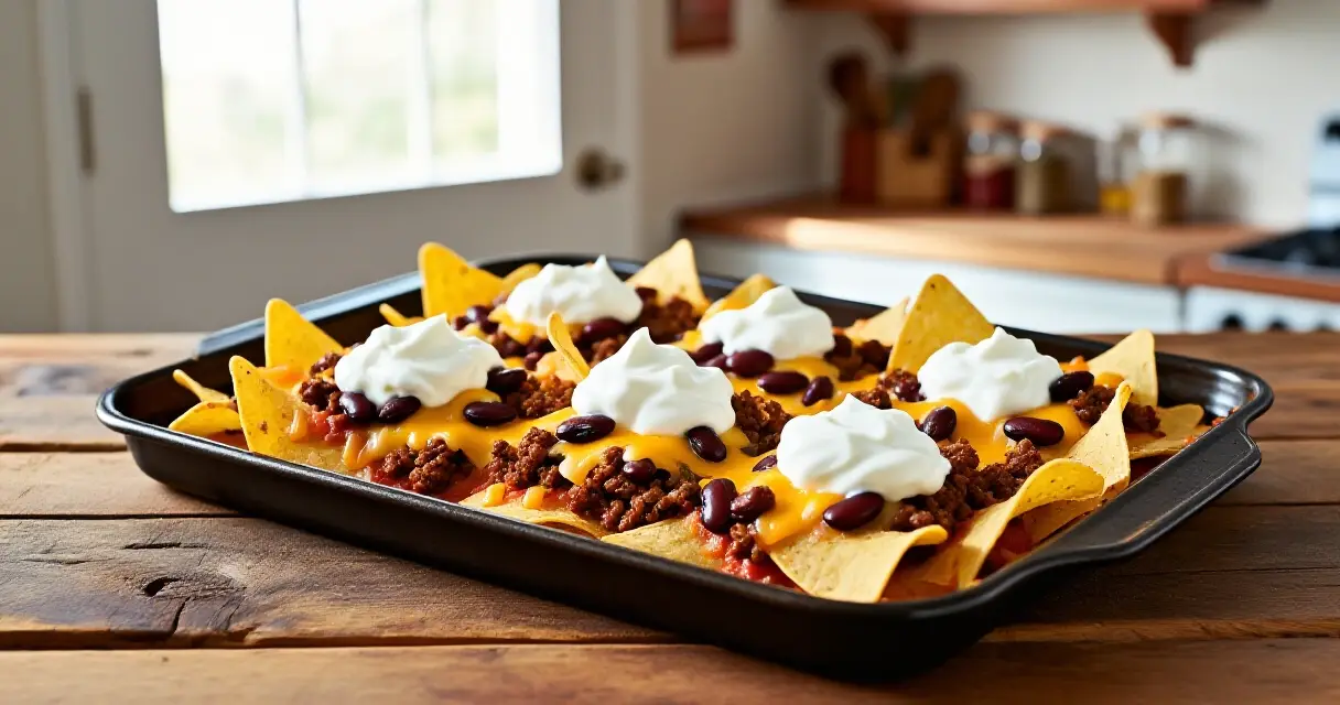 Nachopelti uunissa valmiina tarjoiltavaksi, juustoa ja täytteitä päällä
